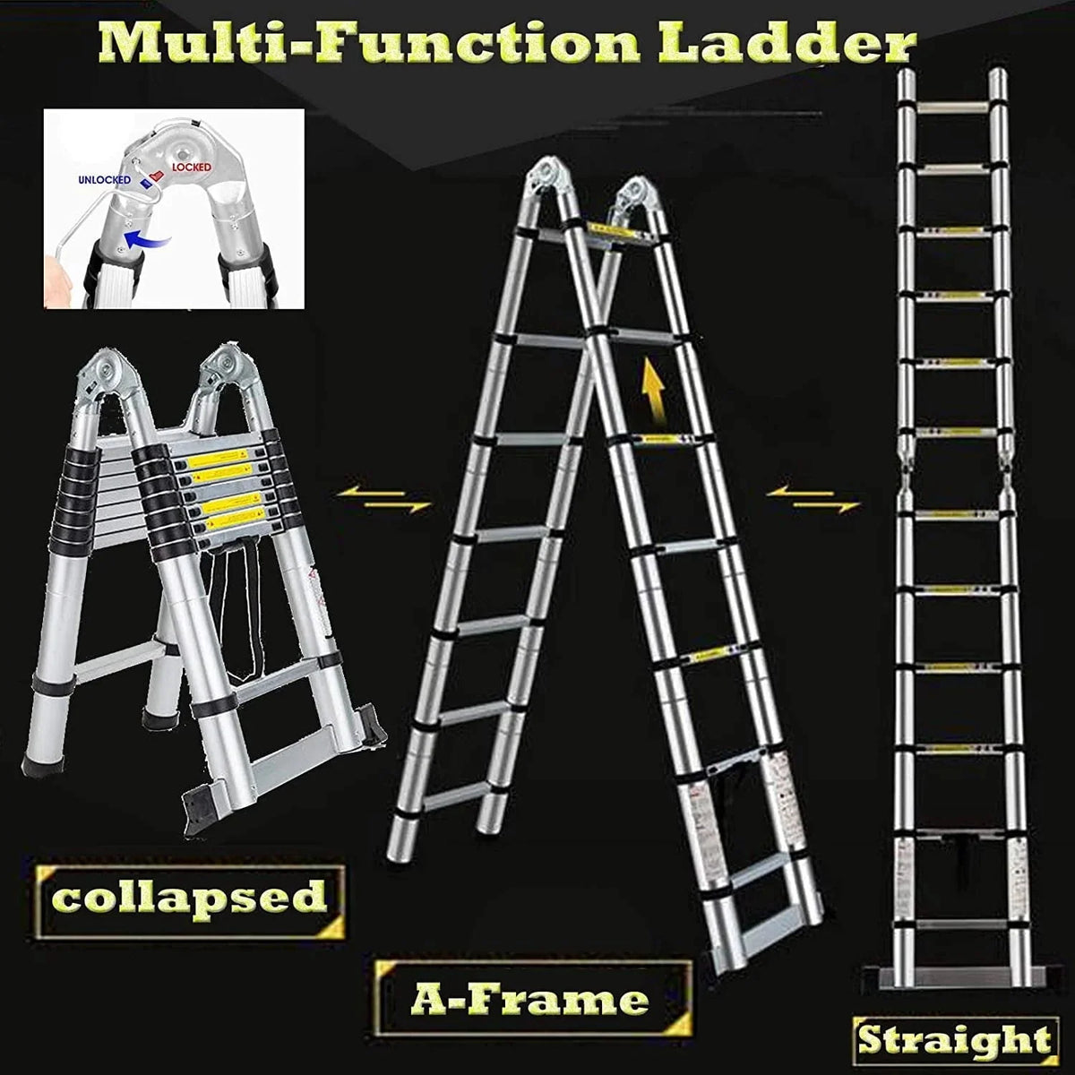 Bowoshen Telescopic Ladder 16.5 ft Aluminum 8 x 2 Steps 330 lb