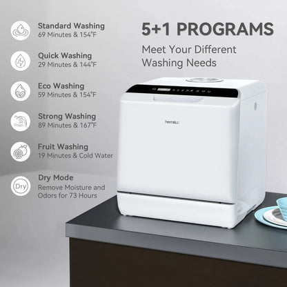 Hermitlux Portable Countertop Dishwasher, 5L Built-In Water Tank, 4 Place Settings - HMX-DW03