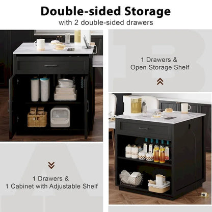 82.7 Wooden Kitchen Island With Extendable Dining Table And Double-Sized Storage