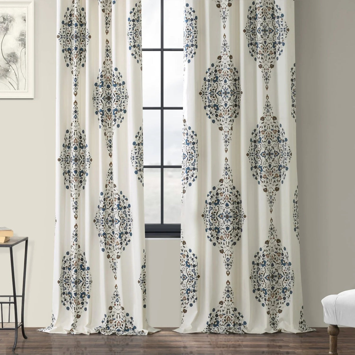Medallion Damask Printed Cotton Room Darkening Curtain Panel, 1 Piece, 50 in W x 84/96/108/120 in L