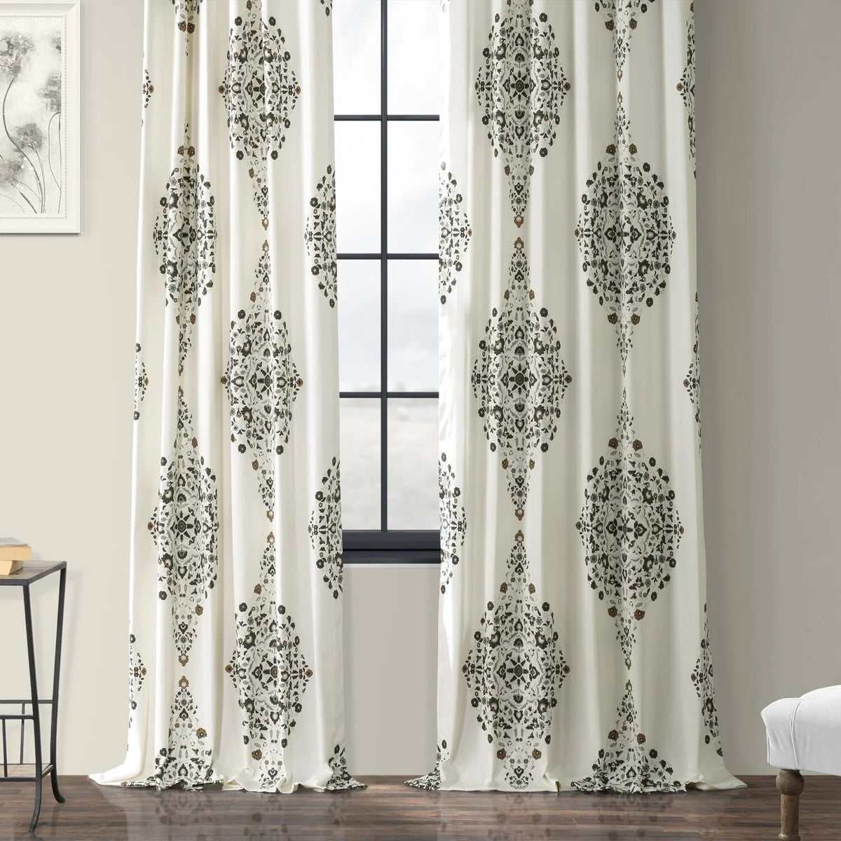 Medallion Damask Printed Cotton Room Darkening Curtain Panel, 1 Piece, 50 in W x 84/96/108/120 in L