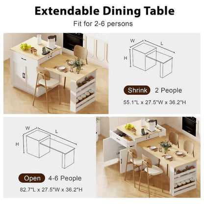 82.7 Wooden Kitchen Island With Extendable Dining Table And Double-Sized Storage