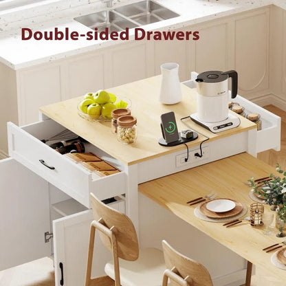 82.7 Wooden Kitchen Island With Extendable Dining Table And Double-Sized Storage