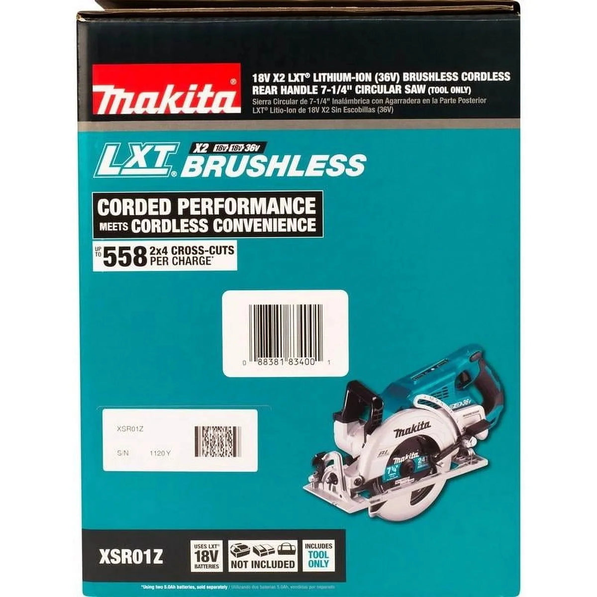 Makita Rear Handle Circular Saw, 7.25 in, 5100 RPM, 36 V DC - XSR01Z