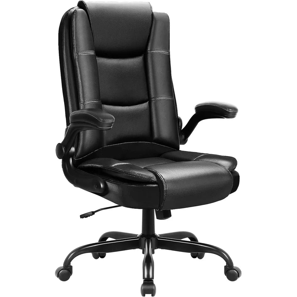 Big And Tall Ergonomic Office Chair, High Back Leather Executive Computer Chair With Padded Flip-Up Arms - 20.87in D x 27.3in W x 47.24in H