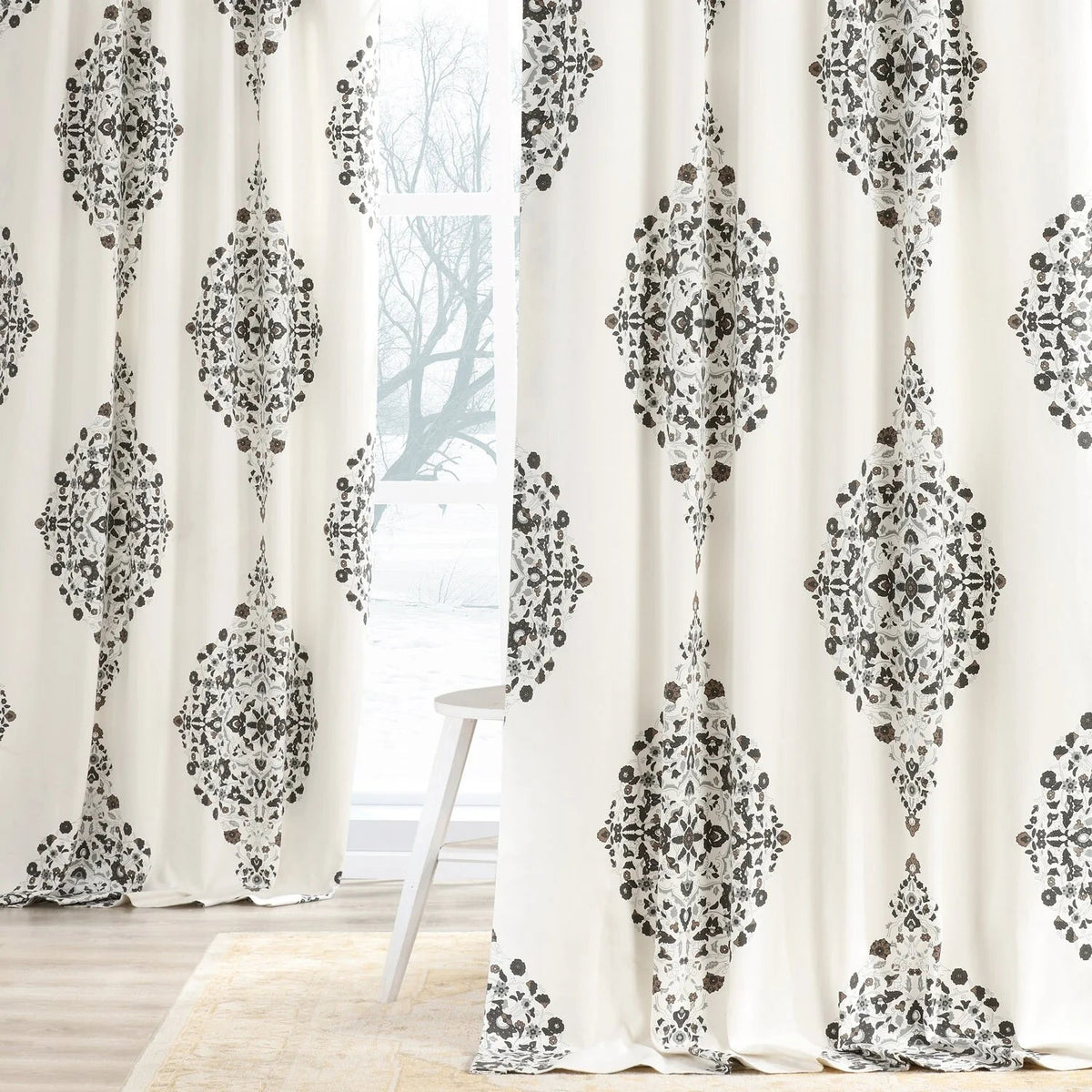 Medallion Damask Printed Cotton Room Darkening Curtain Panel, 1 Piece, 50 in W x 84/96/108/120 in L