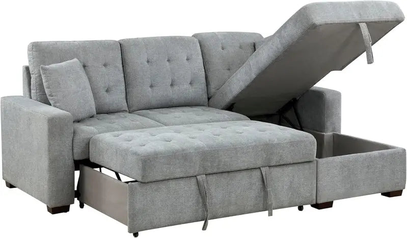 L-Shaped Sleeper Sectional Sofa With Right-Side Storage Chaise And Pull-Out Bed - Gray Fabric