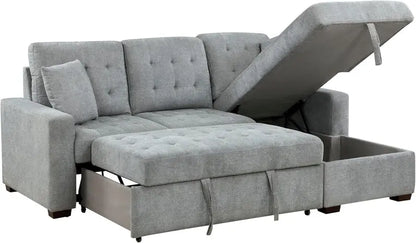 L-Shaped Sleeper Sectional Sofa With Right-Side Storage Chaise And Pull-Out Bed - Gray Fabric