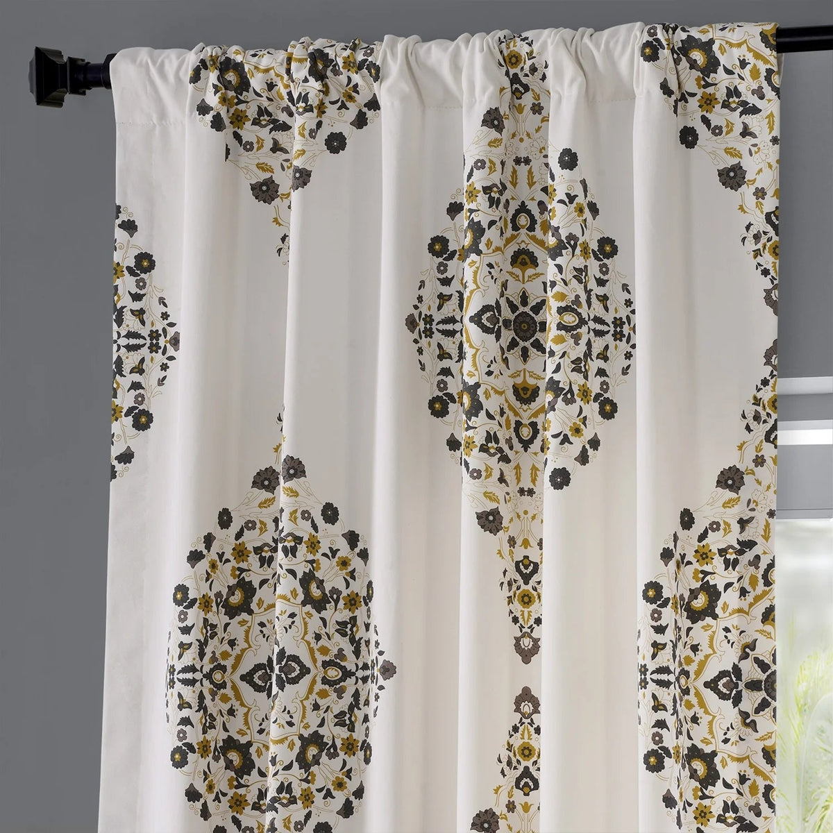 Medallion Damask Printed Cotton Room Darkening Curtain Panel, 1 Piece, 50 in W x 84/96/108/120 in L