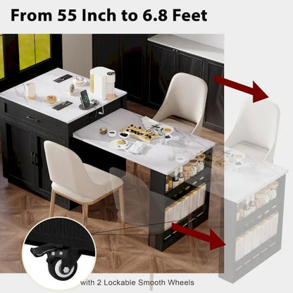 82.7 Wooden Kitchen Island With Extendable Dining Table And Double-Sized Storage