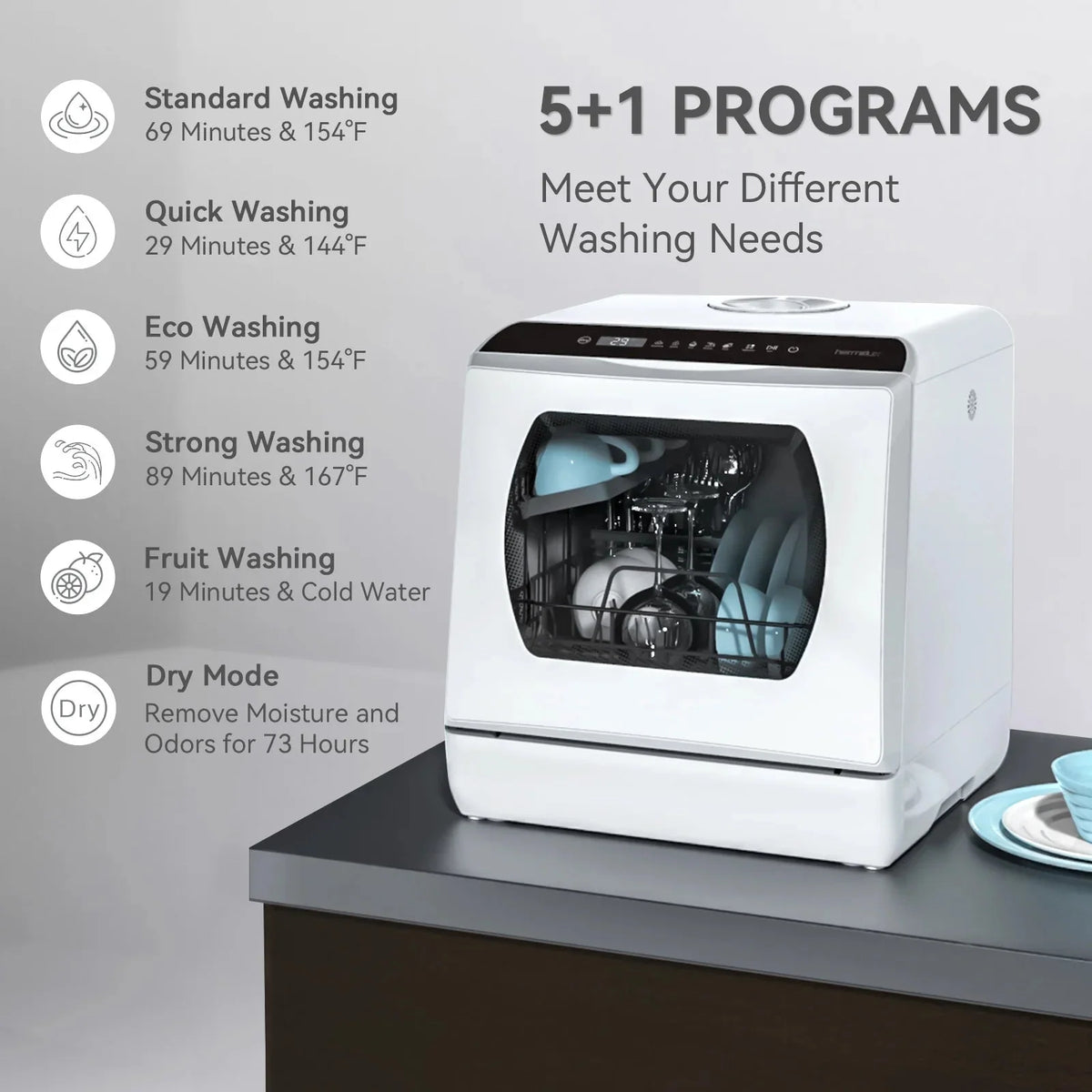 Hermitlux Portable Countertop Dishwasher, 5L Built-In Water Tank, 4 Place Settings - HMX-DW03