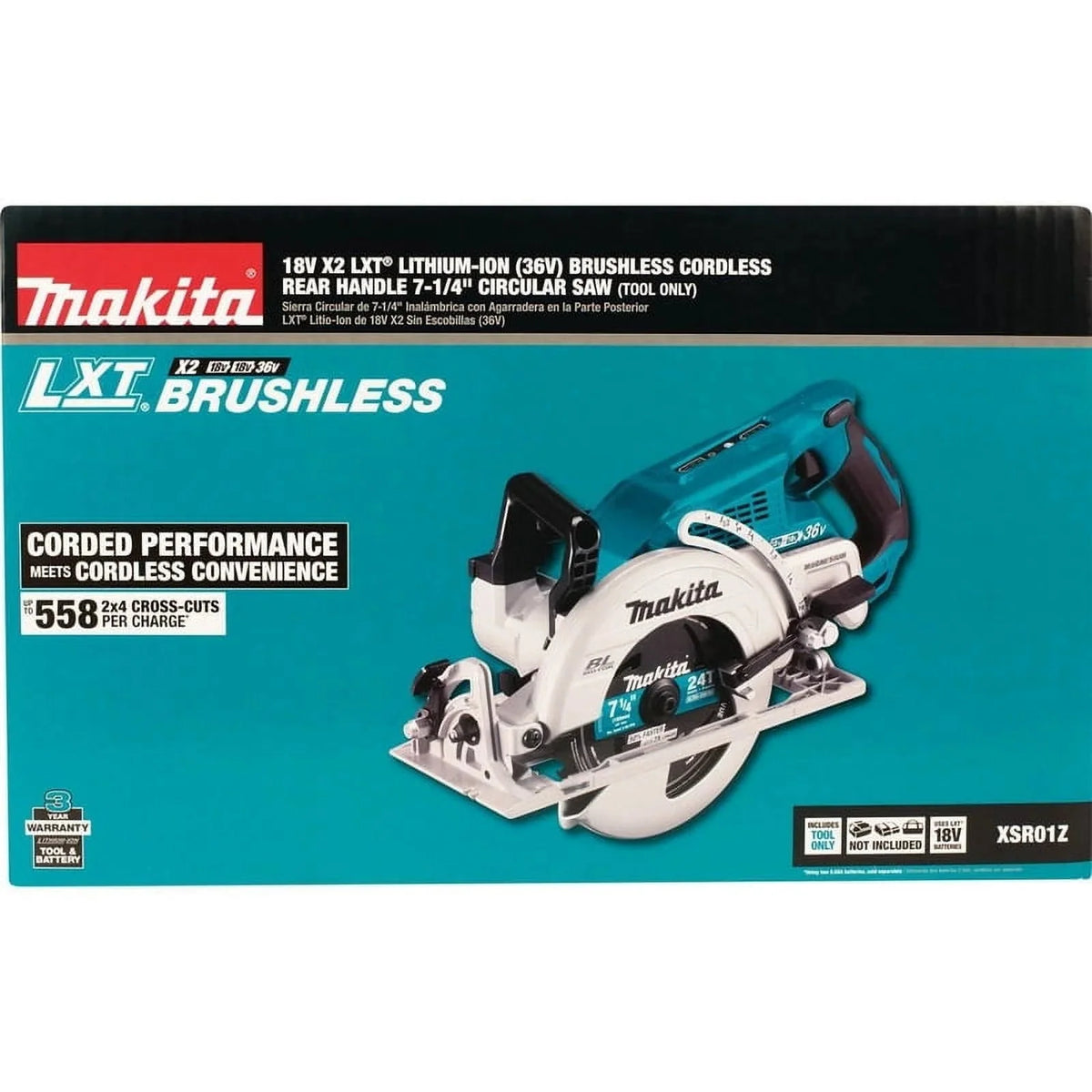 Makita Rear Handle Circular Saw, 7.25 in, 5100 RPM, 36 V DC - XSR01Z