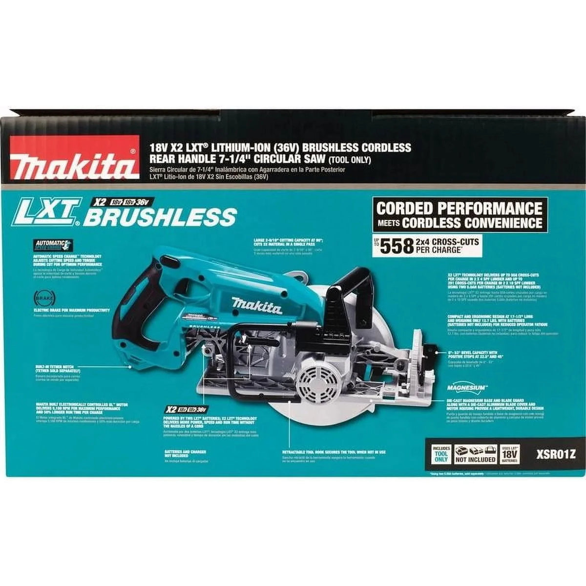 Makita Rear Handle Circular Saw, 7.25 in, 5100 RPM, 36 V DC - XSR01Z