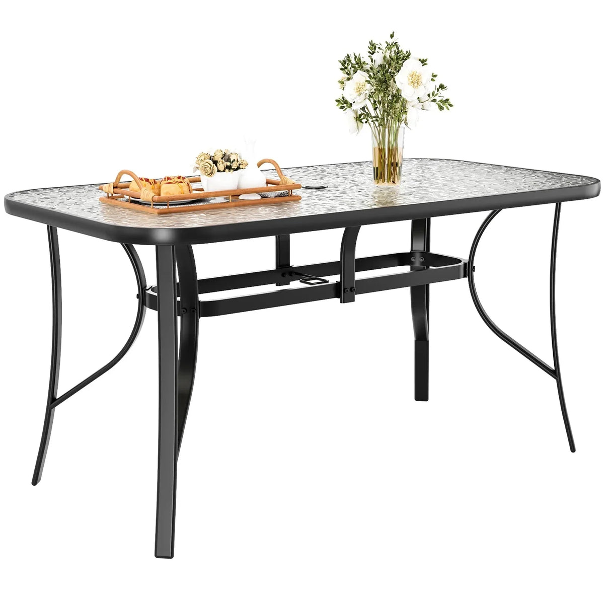 Arlopu Rectangular Patio Dining Table With 5mm Tempered Glass Top