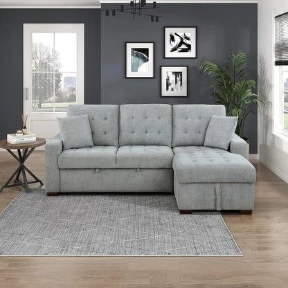 L-Shaped Sleeper Sectional Sofa With Right-Side Storage Chaise And Pull-Out Bed - Gray Fabric