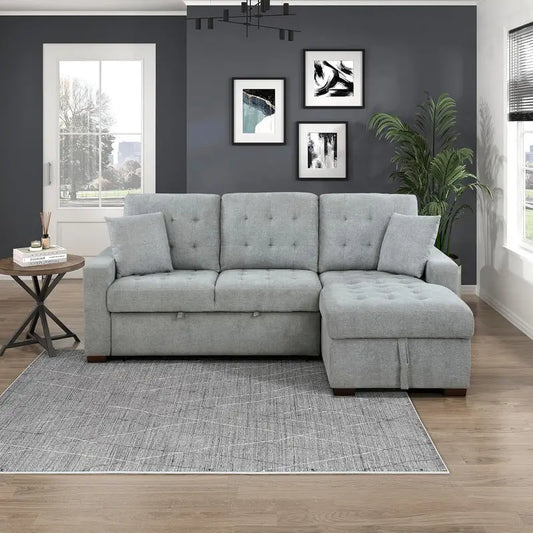 L-Shaped Sleeper Sectional Sofa With Right-Side Storage Chaise And Pull-Out Bed - Gray Fabric