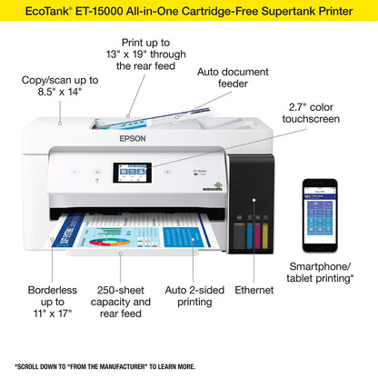 Epson EcoTank Wireless Color All-In-One Supertank Printer With Scanner, Copier, Fax And Ethernet - ET-15000
