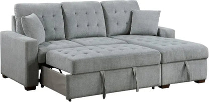 L-Shaped Sleeper Sectional Sofa With Right-Side Storage Chaise And Pull-Out Bed - Gray Fabric