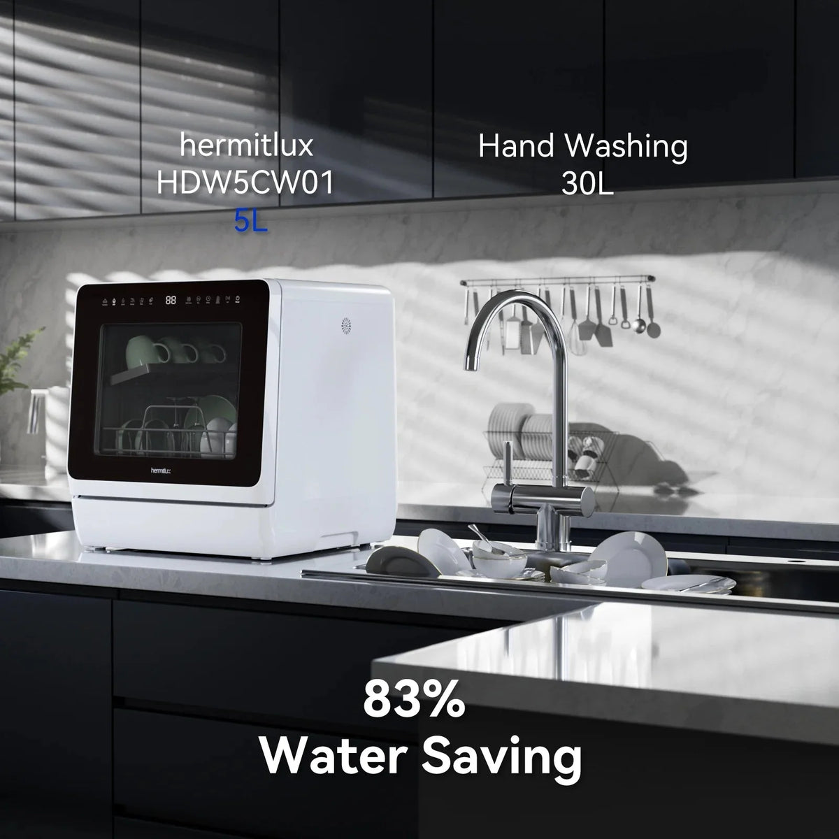 Hermitlux Portable Countertop Dishwasher, 5L Built-In Water Tank, 4 Place Settings - HMX-DW03